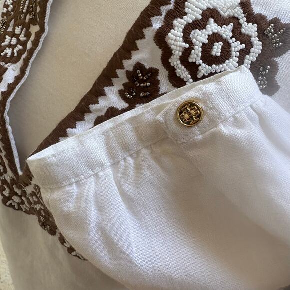 Tory Burch Beaded Mini Dress Tunic Sz 4 White Linen Brown Floral Embellished - Picture 11 of 16